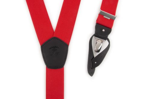 Red suspenders with removable buttons or clips